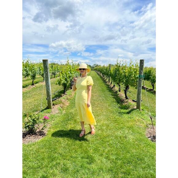 LOVE WHIT Yellow 100% Cotton Tie Back Crewneck Short Sleeve Flowy Midi Dress S - Picture 10 of 12